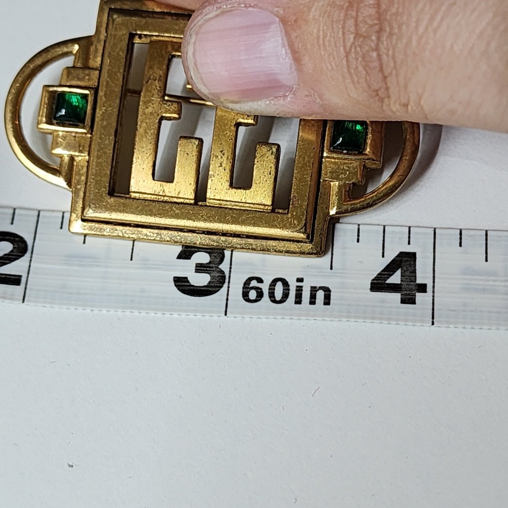 Monocraft Vintage 1930 Gold Tone Green Glass Geometric Art Deco Brooch Pin Retro - Picture 8 of 9